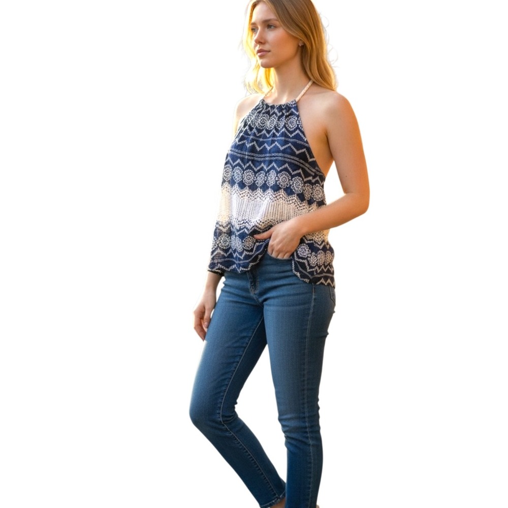 Doe & Rae Womens Blue White Embroidered Halter Boho Top Cotton SZ M Cottagecore